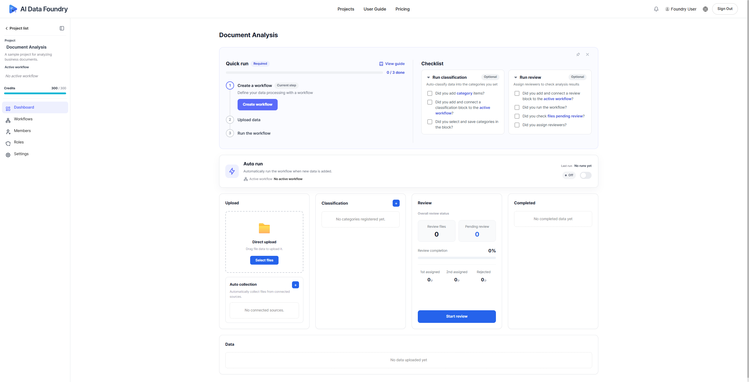 Dashboard of a new project